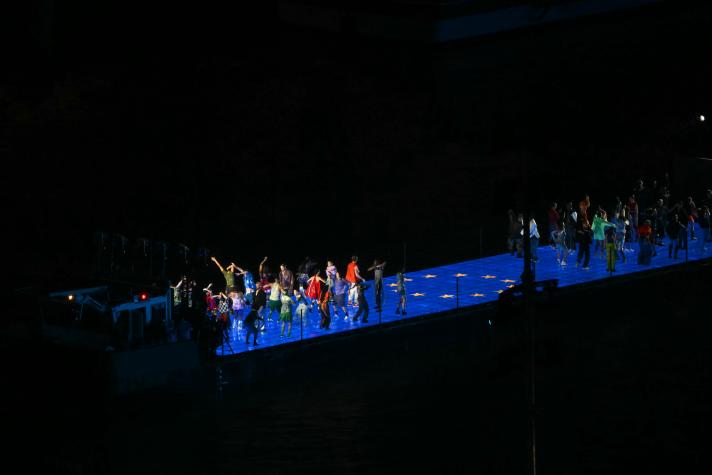 View of the European boat at the opening ceremony of the Paris 2024 Olympic games