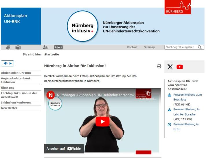 Screenshot of Nuremberg’s official website for the Action Plan to implement the UN Convention on the Rights of Persons with Disabilities, featuring a banner with the logo 'Nürnberg inklusiv', a video preview, and navigation options for inclusion-related resources.