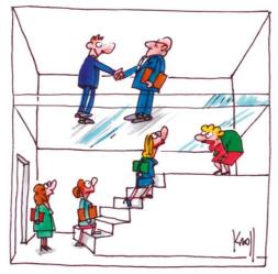 Cartoon view inside a box with two floors. On the upper floor there are two well-seuited men shaking hands. On the floor beneath are several women in line on some stairs trying to climb up. The two floors are separated by a glass ceiling.