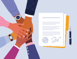 Illustration of six hands held together in celebration of a document signing