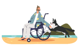 Illustration of a man wheelchair bound with his dog going down a beach