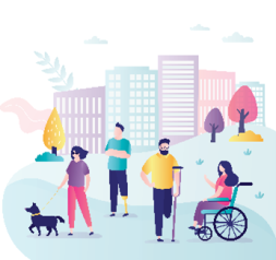 Illustration of persons with reduced mobility accessing a park with a wheelchair