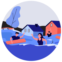 image of a neighbourhood flooding and persons with disabilities trying to get safe