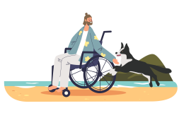 wheelchair user on the beach with his dog
