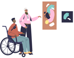 accessible museum, with a guide explaining to a wheelchair user a piece of art