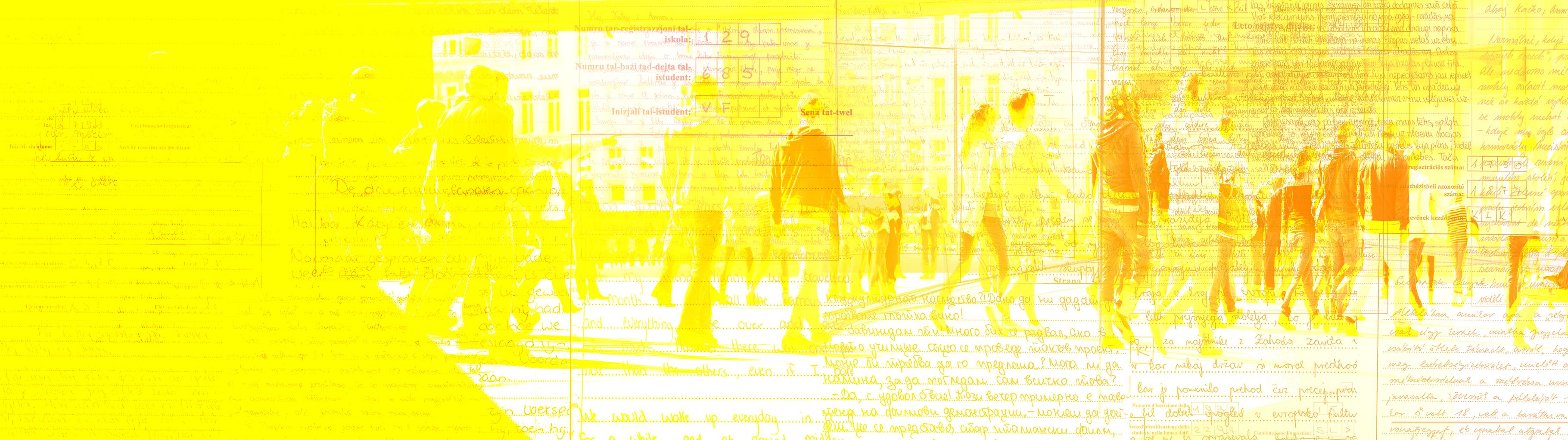 Young students walking in a city yellow background