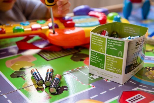 Used batteries placed in a box for recycling