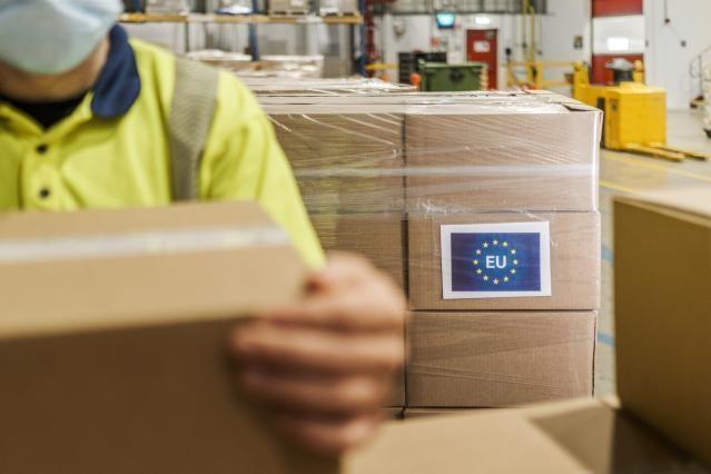 A EU-logo on the boxes ready to be shipped