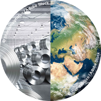 Left: roll of steel sheet in factory, Right: Planet Earth with clouds, Europe and part of Asia and Africa