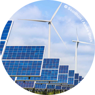 Photovoltaics module solar panels and wind turbines generating electricity renewable green energy