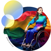 A woman in a wheelchair, with a rainbow flag flowing behind