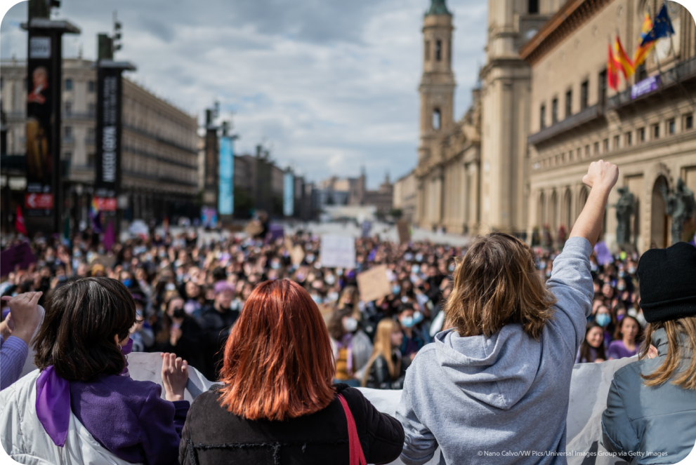 Hundreds of women gather in the Plaza of the Basilica del Pilar (The Plaza of Our Lady of the Pillar) of Zaragoza to celebrate to celebrate March 8, International Women's Day, Spain