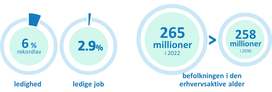 Infografik, der viser 6 % arbejdsløshed og 2,9 % ledige job, og infografik, der viser, at befolkningen i den erhvervsaktive alder var på 265 millioner i 2022 og forventes at falde til 258 millioner i 2030
