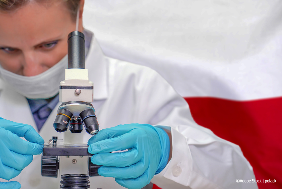 Female biochemist looking through a microscope against Poland flag background