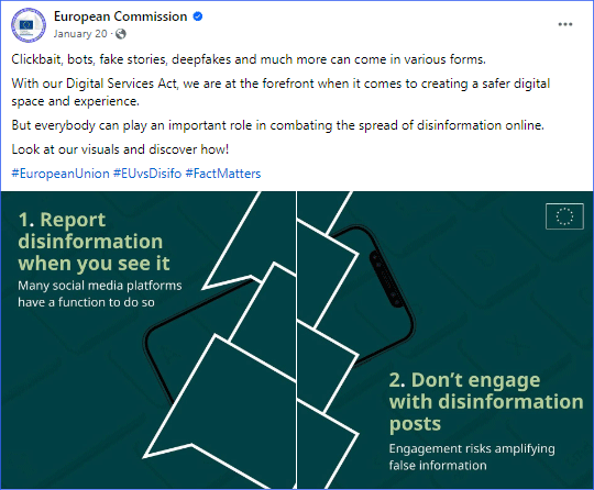 A post from the European Commission's social media presence with tips on how to detect disinformation.