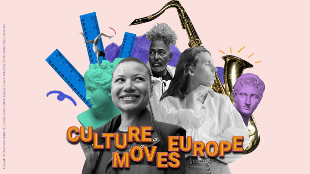A collage picture of three people, showcasing diverse cultures influencing Europe, art, music and dance. An orange sign ‘Culture Moves Europe’.