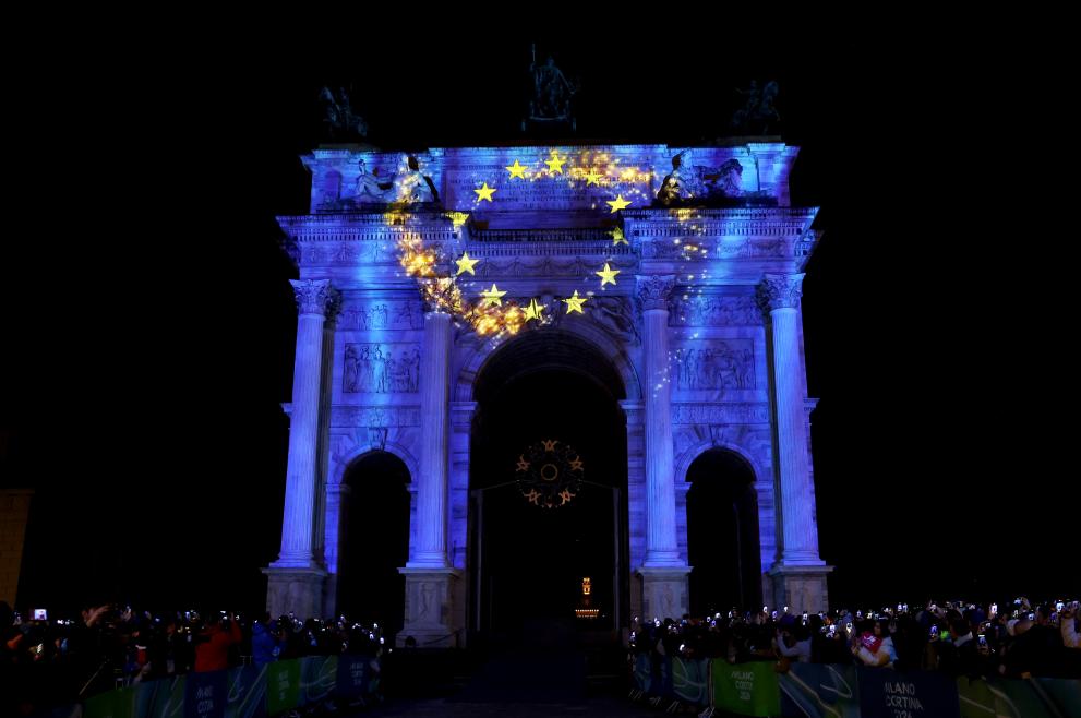 A projection of the European flag during the opening ceremony  of the Olympic Winter Games Milano Cortina 2026 at the Arco della Pace in Milan, Italy