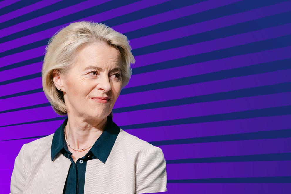 Portrait of President von der Leyen against a purple and blue background stripes