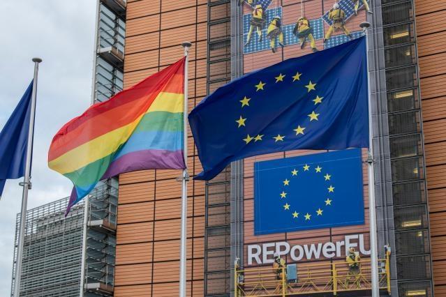 The rainbow flag on the Berlaymont building on the occasion of the International Day Against Homophobia, Transphobia and Biphobia (IDAHOT) 2023