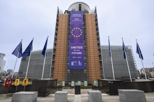 The ''UNITED for our FUTURE' banner on the front of the Berlaymont building			