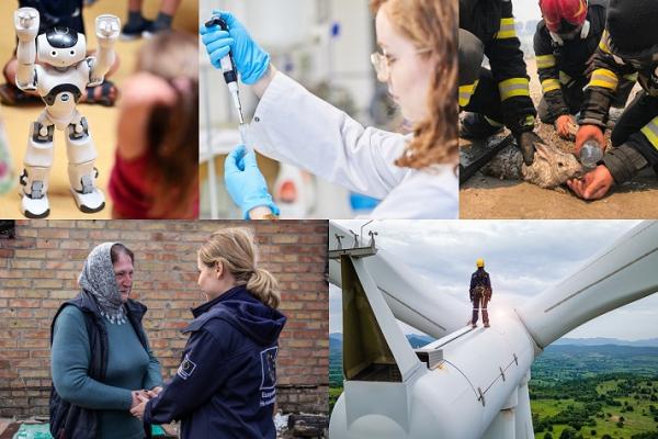 Collage of pictures including a photo of a small robot; a photo of female scientist; a photo of rescue services; a photo of an old lady with a young girl; and a photo of a person on a wind turbine
