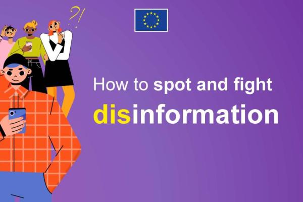 An animated graphic depicting four people looking at mobile phones, with the text "How to spot and fight disinformation".