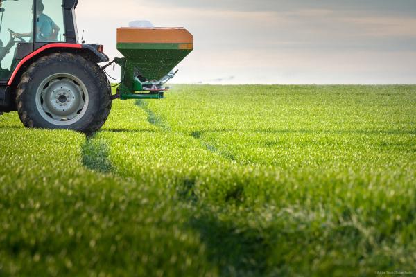 Tractor spreads fertiliser over a field